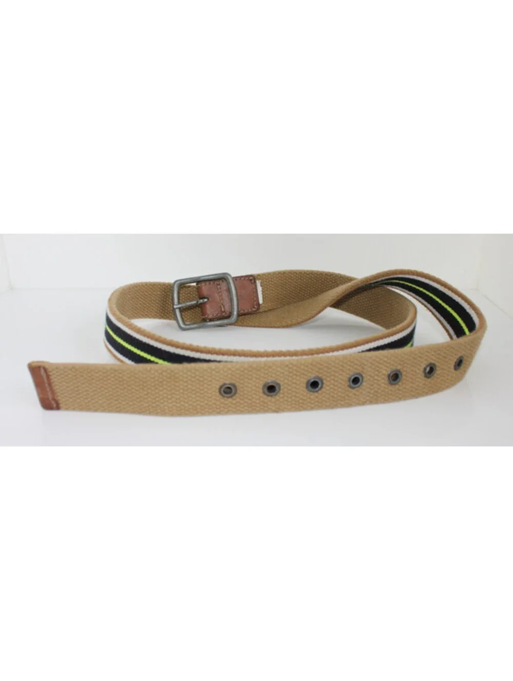 Y2K American Eagle Men Reversible Canvas Belt 40 Tan Navy Neon Green Stripe Web